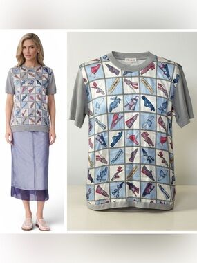 Salvatore Ferragamo Vintage 80s Genio Silk L Scarf Front Shoe Print Knit Top Tee